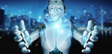 İnsan kalbi holografik tarama projeksiyonunun dijital röntgenini kullanarak bulanık arkaplan üzerindeki robot 3D