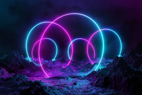 Abstract Background Blue Pink Neon Light Circles Reflecting Asteroid Mountain — Stock Photo, Image