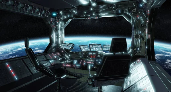 Nave Espacial Grunge Sala Control Interior Con Asientos Vista Espacio —  Fotos de Stock