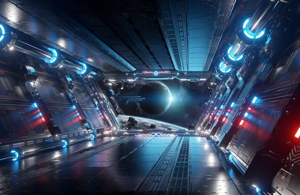Modrý Červený Futuristický Interiér Kosmické Lodi Výhledem Okna Vzdálený Planetární — Stock fotografie