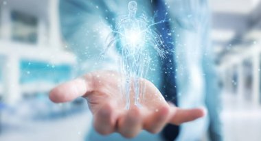 Bulanık arkaplandaki adam dijital x-ray insan vücut holografik tarama projeksiyonu 3D görüntüleme kullanıyor.