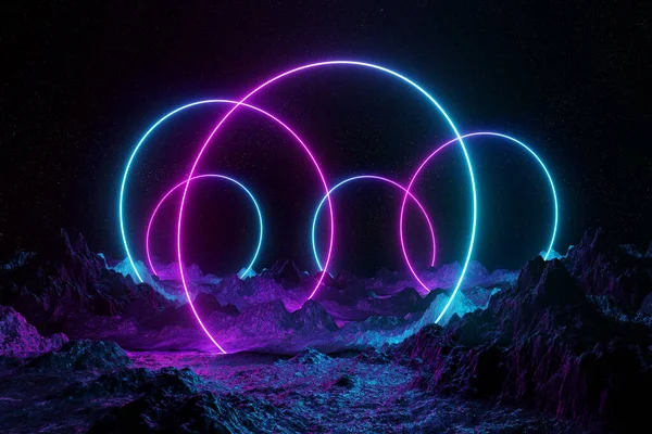Abstract Background Blue Pink Neon Light Circles Reflecting Asteroid Mountain — Stock Photo, Image