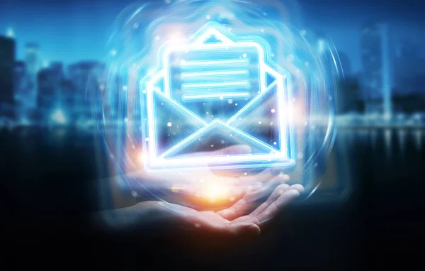 Mann Hand Auf Dunklem Hintergrund Mit Digitaler Mail Blauer Holographischer — Stockfoto