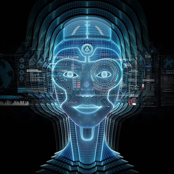 Intelligent machine with a robotic woman cyborg head concept 3D rendering