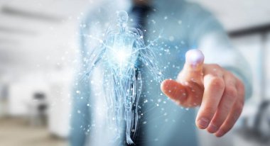 Bulanık arkaplandaki adam dijital x-ray insan vücut holografik tarama projeksiyonu 3D görüntüleme kullanıyor.