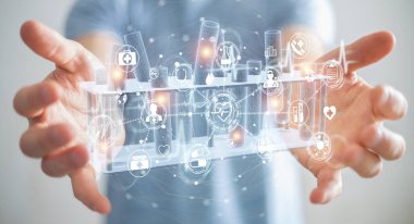 Arka planda bulanık duran ve holografik tüplere dokunan adam 3D yansıtma