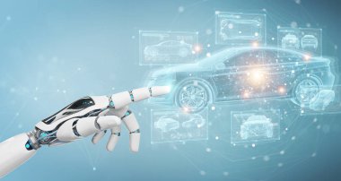 Robot el arka planda bulanık duruyor ve holografik akıllı araba arayüzü projeksiyonuna dokunuyor.