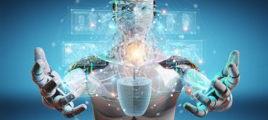 Bulanık arka plan tutması ve dijital analiz 3D görüntülü bir bitkinin holografik yansımasına dokunan robot.