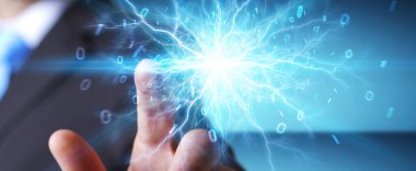 Bulanık arka plandaki işadamı yenilenebilir ve sürdürülebilir eko enerji 3D oluşturma