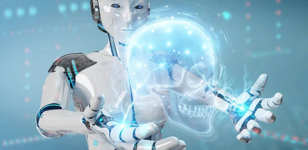 Roboter Auf Verschwommenem Hintergrund Mit Digitalem Röntgenschädel Holographischer Scanprojektion Rendering — Stockfoto