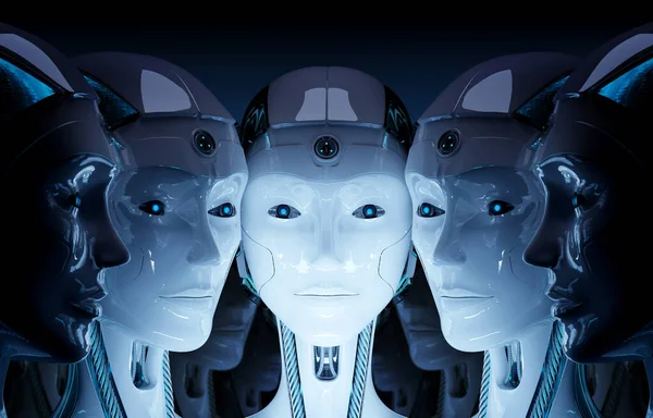 Gruppe Von Roboterinnen Köpfe Nah Beieinander Cyborg Armee Konzept Rendering — Stockfoto