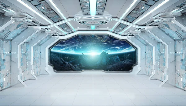 Wit Blauw Ruimteschip Futuristisch Interieur Met Raamzicht Ruimte Planeten Rendering — Stockfoto