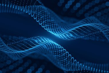 Neon mavisi noktalar koyu arkaplan üzerinde dijital ağ bağlantısı oluşturur.