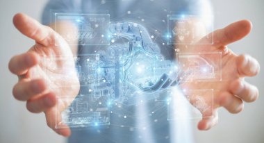 Bulanık arka plan tutması ve kablo holografik dijital projeksiyonuna dokunması üzerine çalışan işadamı.