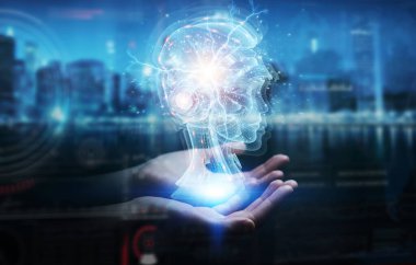 İnsan, dijital yapay zeka holografik projeksiyonu kullanarak karanlık arka planda 3D görüntüleme yapar.