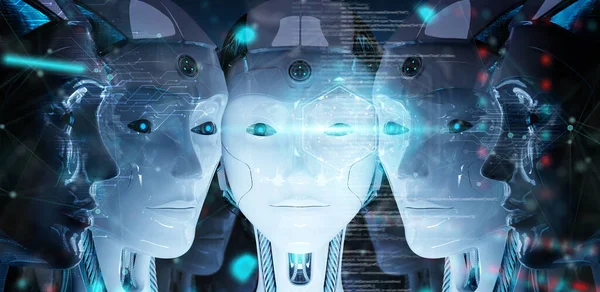 Group Female Robots Heads Using Digital Hologram Screens Interface Rendering — Stock Photo, Image