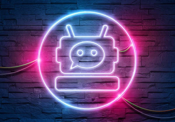 Chatbot Neon Σωλήνες Εικονίδιο Φωτίζει Έναν Τοίχο Από Τούβλα Μπλε — Φωτογραφία Αρχείου