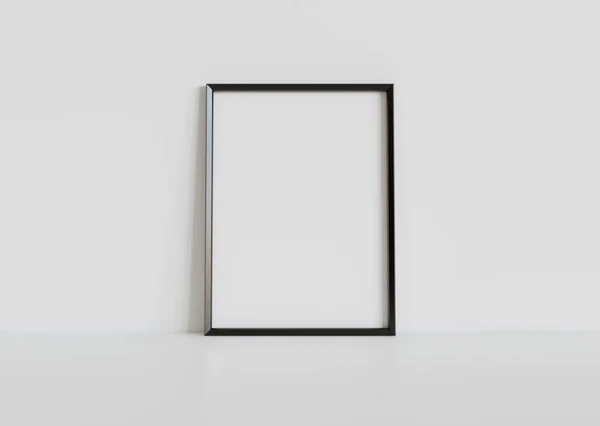 Quadro Retangular Preto Inclinado Chão Branco Interior Mockup Modelo Uma — Fotografia de Stock