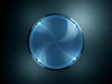 Tuğla duvarda neon tabela modeli. Sokak ışıklarıyla aydınlatılmış mavi modern tabela.