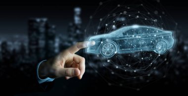 Adam eli arka planda tutarken ve holografik akıllı araba arayüzü projeksiyonuna dokunurken 3D görüntüleme