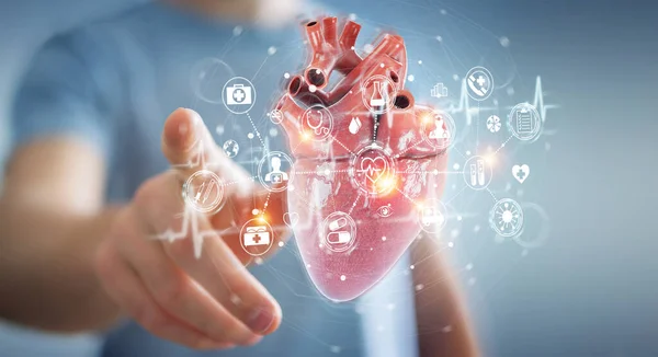 Человек Размытом Фоне Помощью Цифрового Рентгена Голографической Проекции Человеческого Сердца — стоковое фото