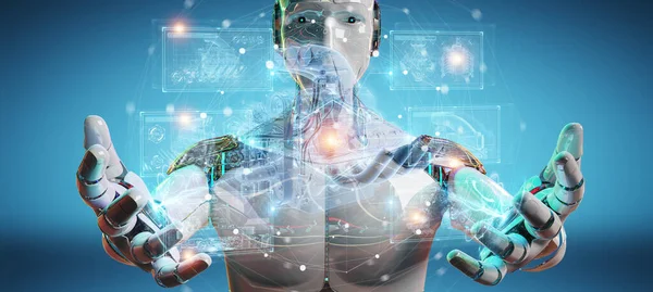 Робот Размытом Фоне Держащий Трогающий Голографическую Цифровую Проекцию Двигателя Рендеринга — стоковое фото