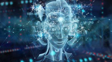 Mavi zemin üzerinde robot kafası olan yapay zeka holografik projeksiyonu
