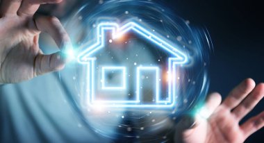 Gayri menkul dijital neon arayüzü kullanan koyu arkaplan üzerindeki adam 3D görüntüleme