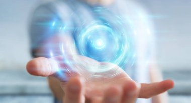 Bulanık arkaplandaki işadamı yeni bir fütüristik enerji kaynağı yaratıyor. 3D görüntüleme