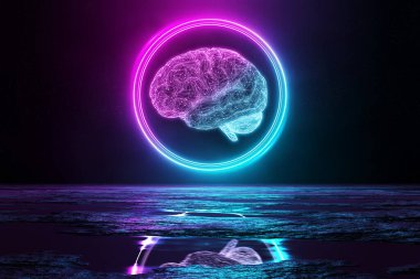 Dairedeki dijital beyin holografik ikonu, yeri mavi ve pembe neon ışıkla aydınlatıyor.