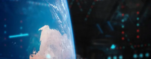 Uitzicht Blauwe Planeet Aarde Vanuit Een Ruimtestationvenster Tijdens Een Zonsopgang — Stockfoto