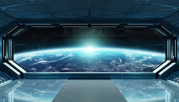 Sötétkék Űrhajó Futurisztikus Belső Tér Ablakkilátással Föld Bolygón Renderelő Elemei — Stock Fotó