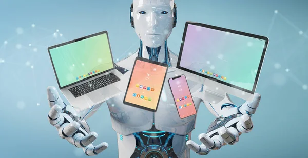 Witte Robot Wazig Achtergrond Aansluiten Van Moderne Smartphone Tablet Laptop — Stockfoto