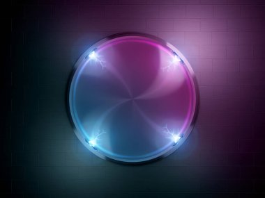 Tuğla duvarda neon tabela modeli. Sokak ışıklarıyla aydınlatılan mavi ve pembe modern tabela.