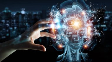 İnsan, dijital yapay zeka holografik projeksiyonu kullanarak karanlık arka planda 3D görüntüleme yapar.