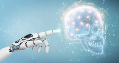 Robot el, dijital x-ray kafatası holografik tarama projeksiyonu 3D kullanarak bulanık arkaplan üzerinde