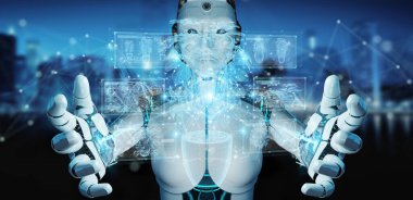 Bulanık arka plan tutması ve dijital analiz 3D görüntülü bir bitkinin holografik yansımasına dokunan robot.