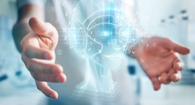 Bulanık arka planda dijital yapay zeka arayüzü kullanan işadamı 3D görüntüleme