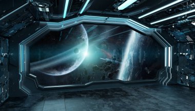 Koyu mavi uzay gemisi uzay ve gezegenler üzerine pencere görüşlü fütüristik iç mekan NASA tarafından desteklenen bu görüntünün 3 boyutlu görüntüleme elementleri