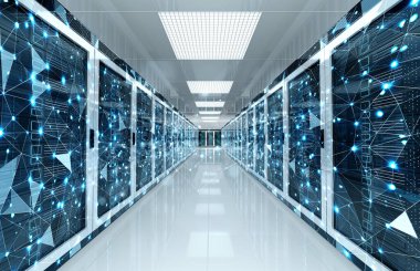 Beyaz sunuculardaki bağlantı ağı veri merkezi oda depolama sistemleri 3B oluşturma