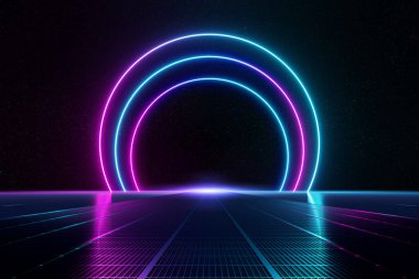 Soyut arkaplan yolu, metalik zemin üzerinde yansıyan mavi ve pembe neon ışık çemberlerine çıkıyor.