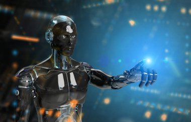 Siyah ve mavi akıllı robot cyborg koyu arkaplanı işaret ediyor.