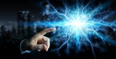 Karanlık arka planda iş adamı yenilenebilir ve sürdürülebilir eko enerji 3D oluşturma