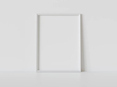 Beyaz dikdörtgen çerçeve, iç modelin beyaz zeminine dayanıyor. 3 boyutlu bir resimde çerçevelenmiş bir resmin şablonu