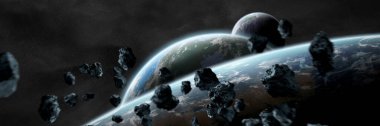 Panoramik uzay gezegenlerinin arka planı. Evrendeki uzak güneş sistemi panoraması NASA tarafından desteklenen bu görüntünün 3 boyutlu görüntüleme elementleriyle donatılmıştır.