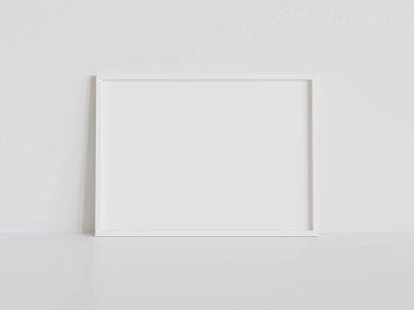Beyaz dikdörtgen çerçeve, iç modelin beyaz zeminine dayanıyor. 3 boyutlu bir resimde çerçevelenmiş bir resmin şablonu
