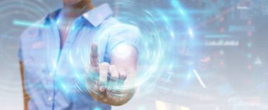 Bulanık arka plandaki kadın yeni bir geleceksel enerji kaynağı yaratıyor. 3D görüntüleme