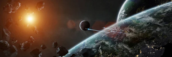 Panorama Weltraumplaneten Hintergrund Panorama Eines Fernen Sonnensystems Kosmos Mit Exoplaneten — Stockfoto