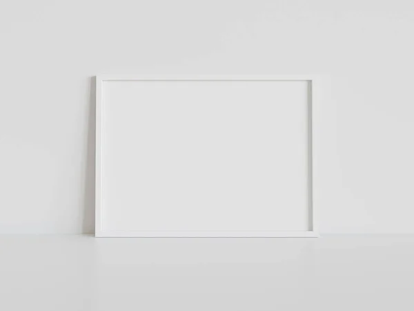 Cadre Rectangulaire Blanc Appuyé Sur Plancher Blanc Dans Maquette Intérieure — Photo