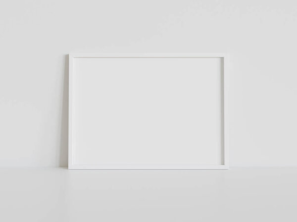 White rectangular frame leaning on white floor in interior mockup. Template of a picture framed on a wall 3D rendering